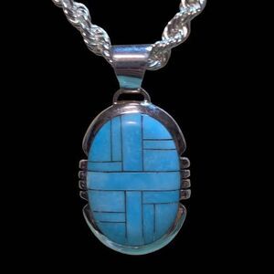 Sterling Silver Geometric Blue Turquoise Inlay Leaf Hallmark Pendant Native
